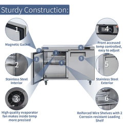 Commercial Undercounter Refrigerator, ICECASA 48 Inch 2 Door Under Counter Lowboy Fridge Worktop Cooler