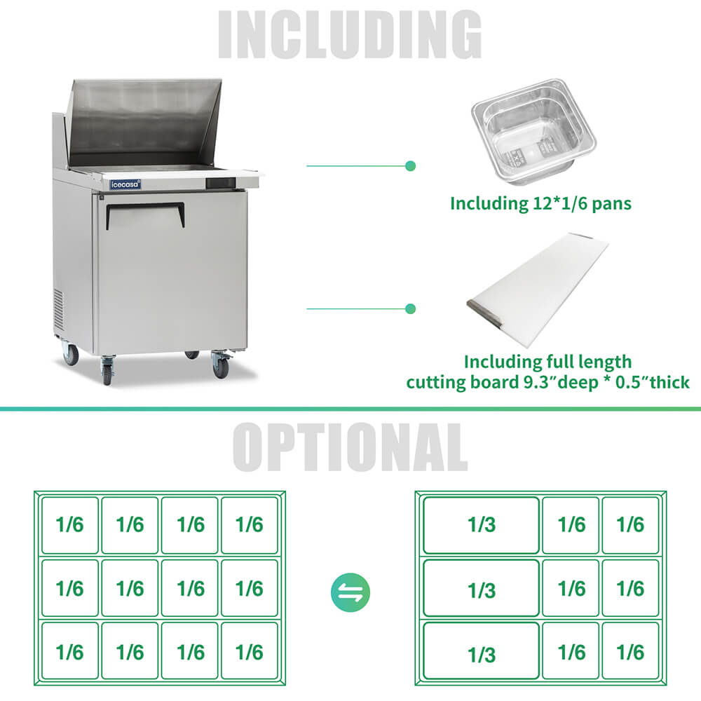 ICECASA 27" Stainless Steel Mega Top Sandwich Prep Table Refrigerator