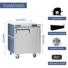Commercial Undercounter Refrigerator, ICECASA 27 Inch 1 Door Under Counter Lowboy Fridge Worktop Cooler