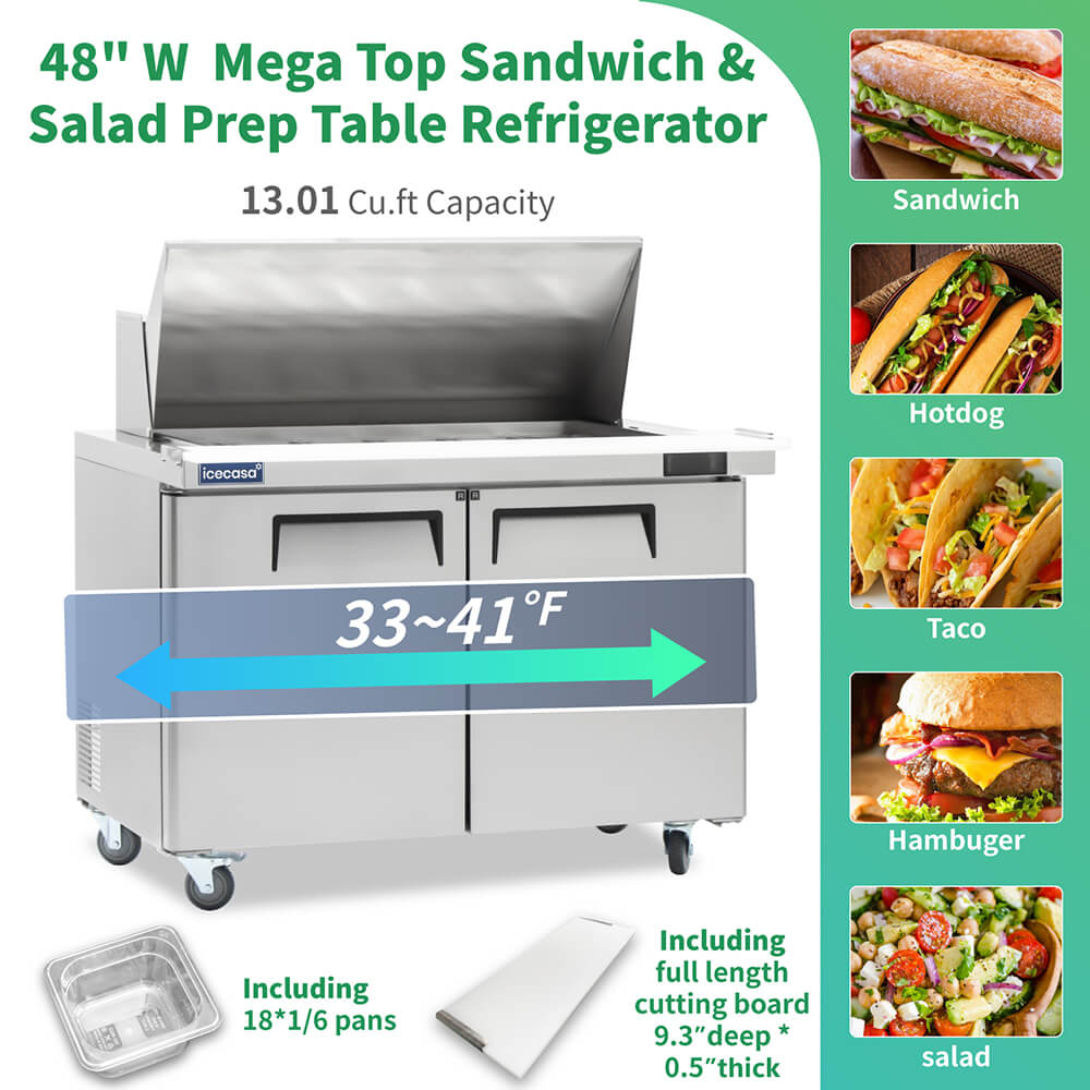 ICECASA 48" Stainless Steel Mega Top Sandwich Prep Table Refrigerator