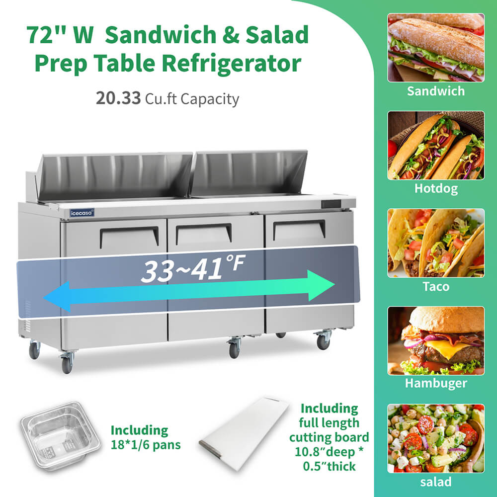 ICECASA 72" Stainless Steel Sandwich Prep Table Refrigerator