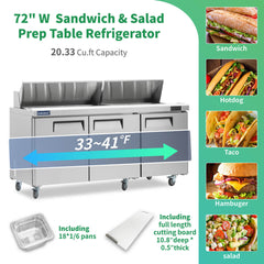 ICECASA 72" Stainless Steel Sandwich Prep Table Refrigerator