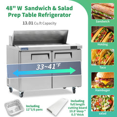 ICECASA 48" Stainless Steel Sandwich Prep Table Refrigerator