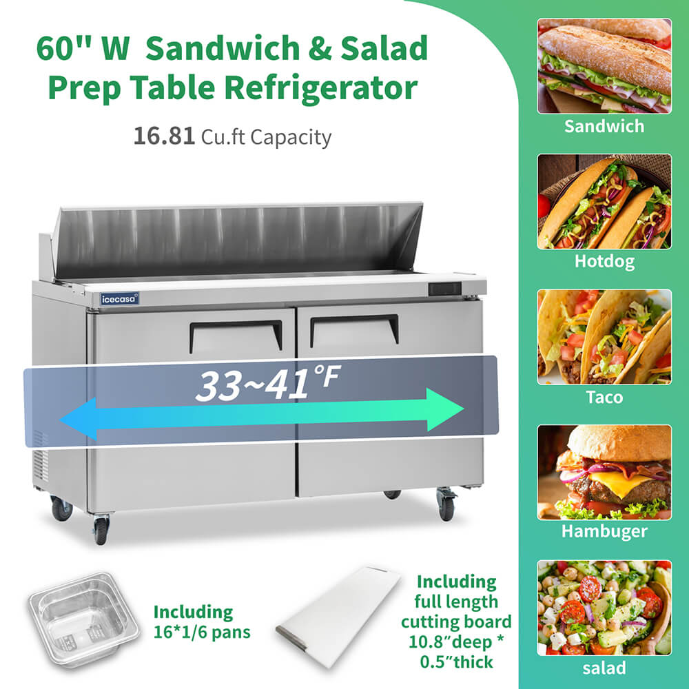 ICECASA 60" Stainless Steel Sandwich Prep Table Refrigerator