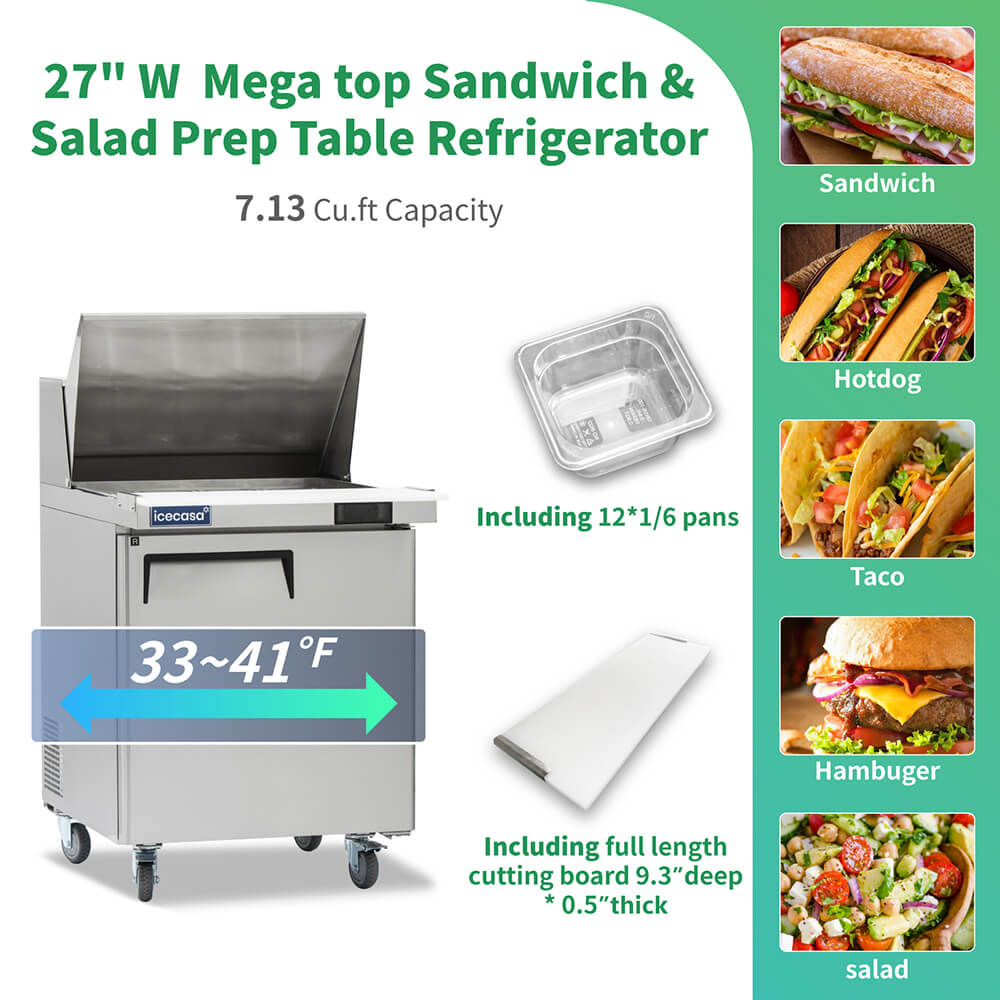 ICECASA 27" Stainless Steel Mega Top Sandwich Prep Table Refrigerator