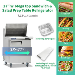 ICECASA 27" Stainless Steel Mega Top Sandwich Prep Table Refrigerator