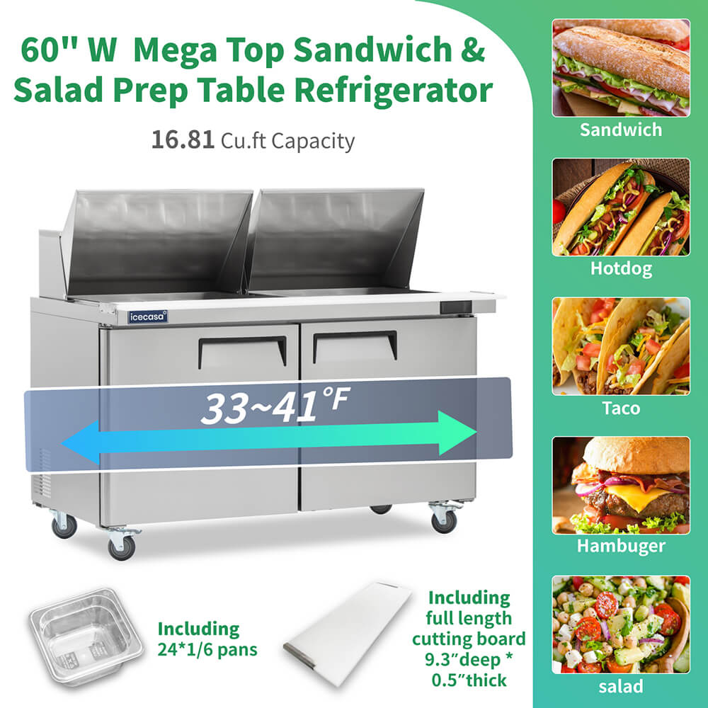 ICECASA 60" Stainless Steel Mega Top Sandwich Prep Table Refrigerator