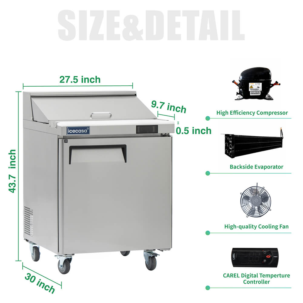 ICECASA 27" Stainless Steel Sandwich Prep Table Refrigerator