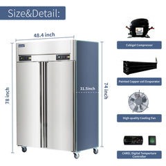 ICECASA 2 Door Commercial Fridge With Freezer, 48" Reach-In Industrial Freezer And Refrigerator