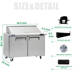 ICECASA 48" Stainless Steel Mega Top Sandwich Prep Table Refrigerator