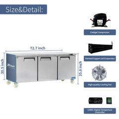 ICECASA 72" Stainless Steel Commercial Undercounter Fridge