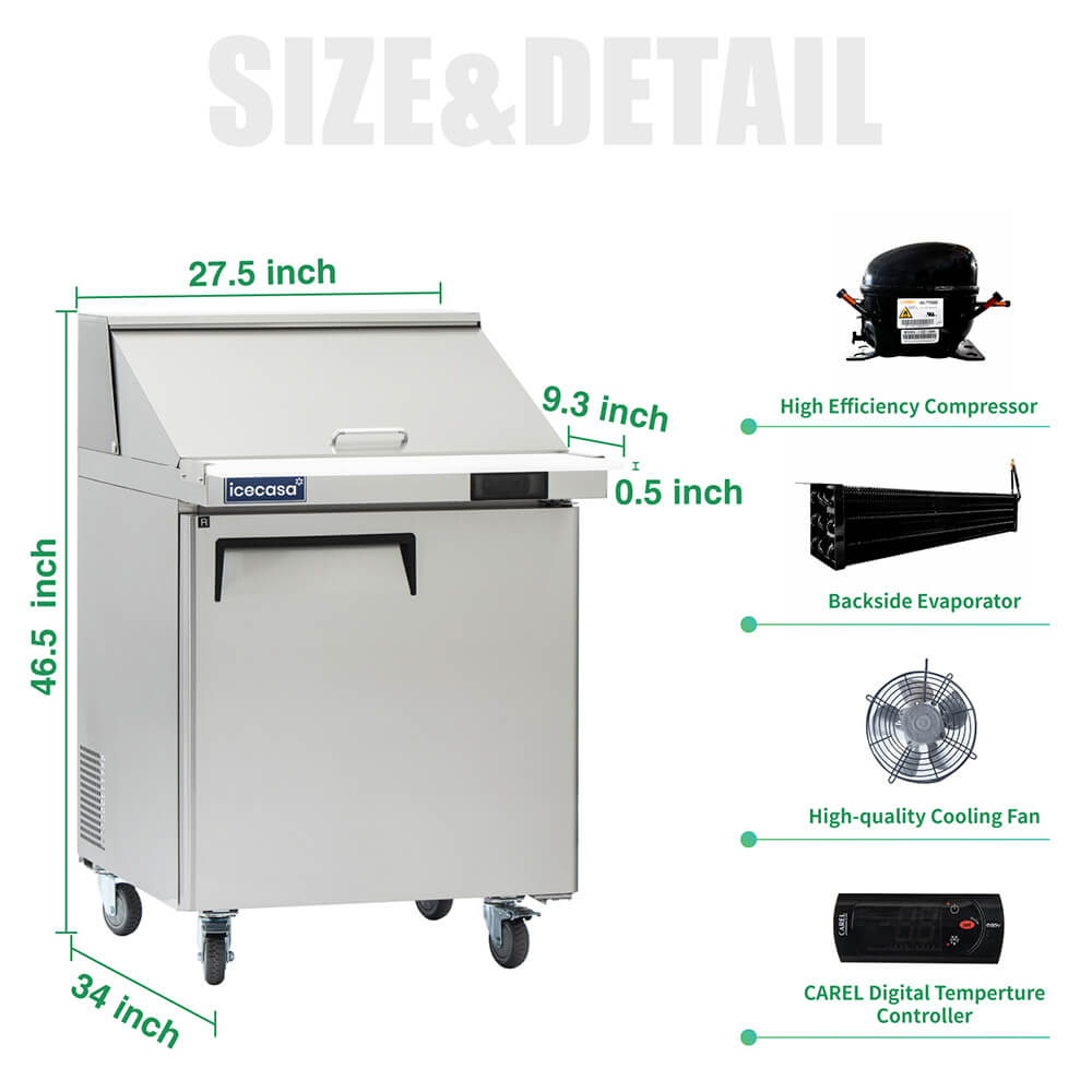 ICECASA 27" Stainless Steel Mega Top Sandwich Prep Table Refrigerator