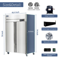 ICECASA 48 Inch Commercial Freezer, Restaurant 2 Door Reach-In Commercial Upright Freezer