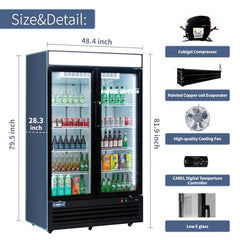 ICECASA 48" W Merchandiser Commercial Display Refrigerator Double Glass Door Reach-in 36 Cu.ft Stainless Steel Display Refrigerator Fan Cooling for Restuarant, Bar, Shop, etc