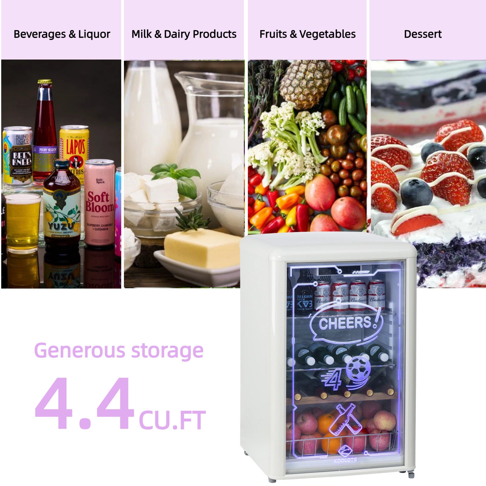 KOOLOTS Retro 4.4 Cu.ft Beverage Cooler with Soccer Neon Ambient LED Lighting Detail Image 