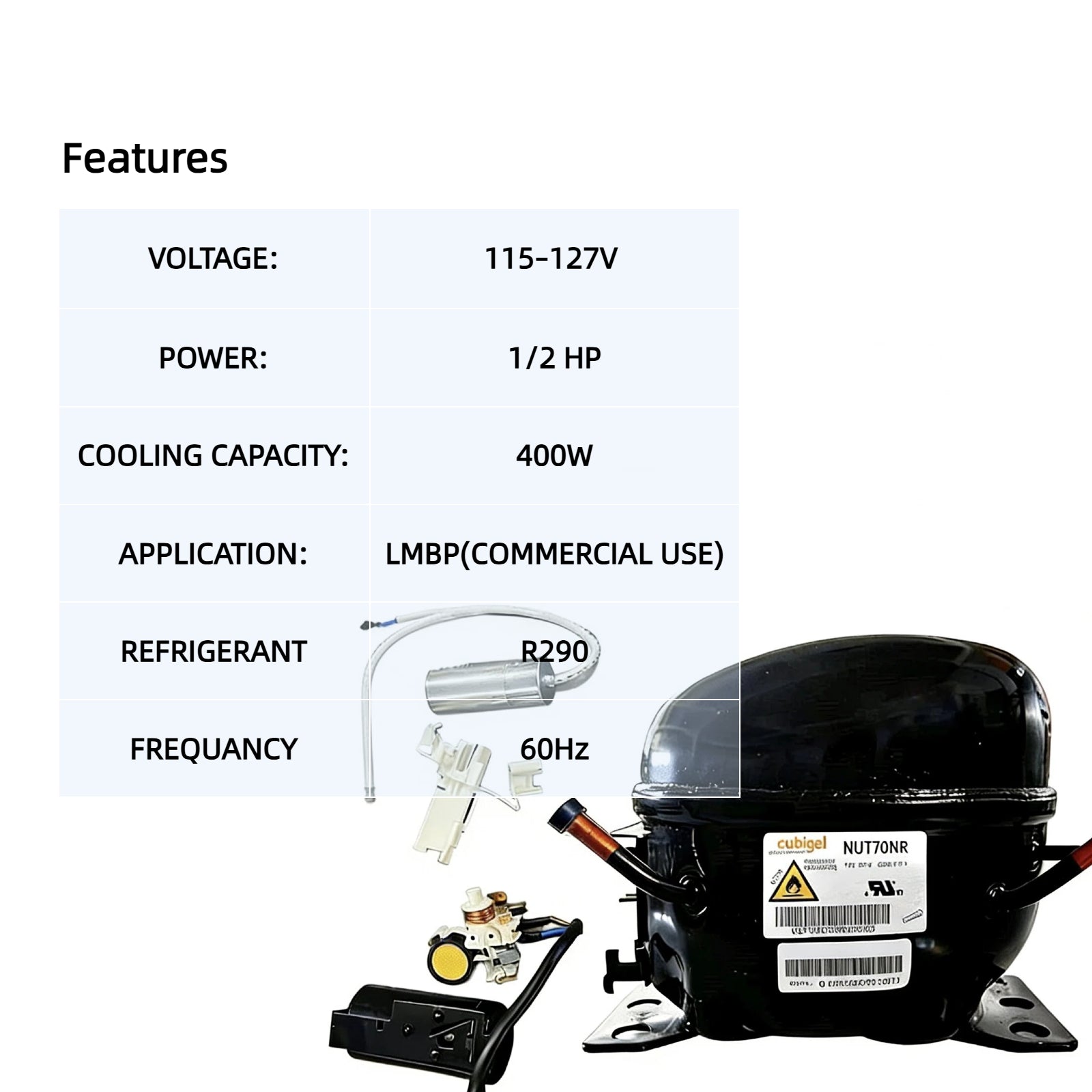 ICECASA Cubigel NUT70NR 1/2 HP R290 Refrigeration Compressor 115V | NUT70NR