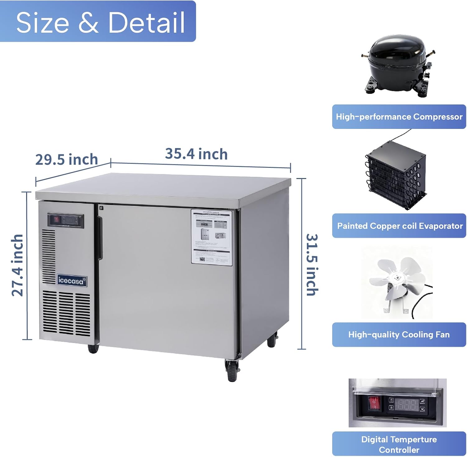 ICECASA Commercial 36" Single Door Worktop Undercounter Freezer Stainless Steel 6 Cu.ft | ICE-90FT