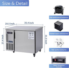ICECASA Commercial 36" Single Door Worktop Undercounter Freezer Stainless Steel 6 Cu.ft | ICE-90FT