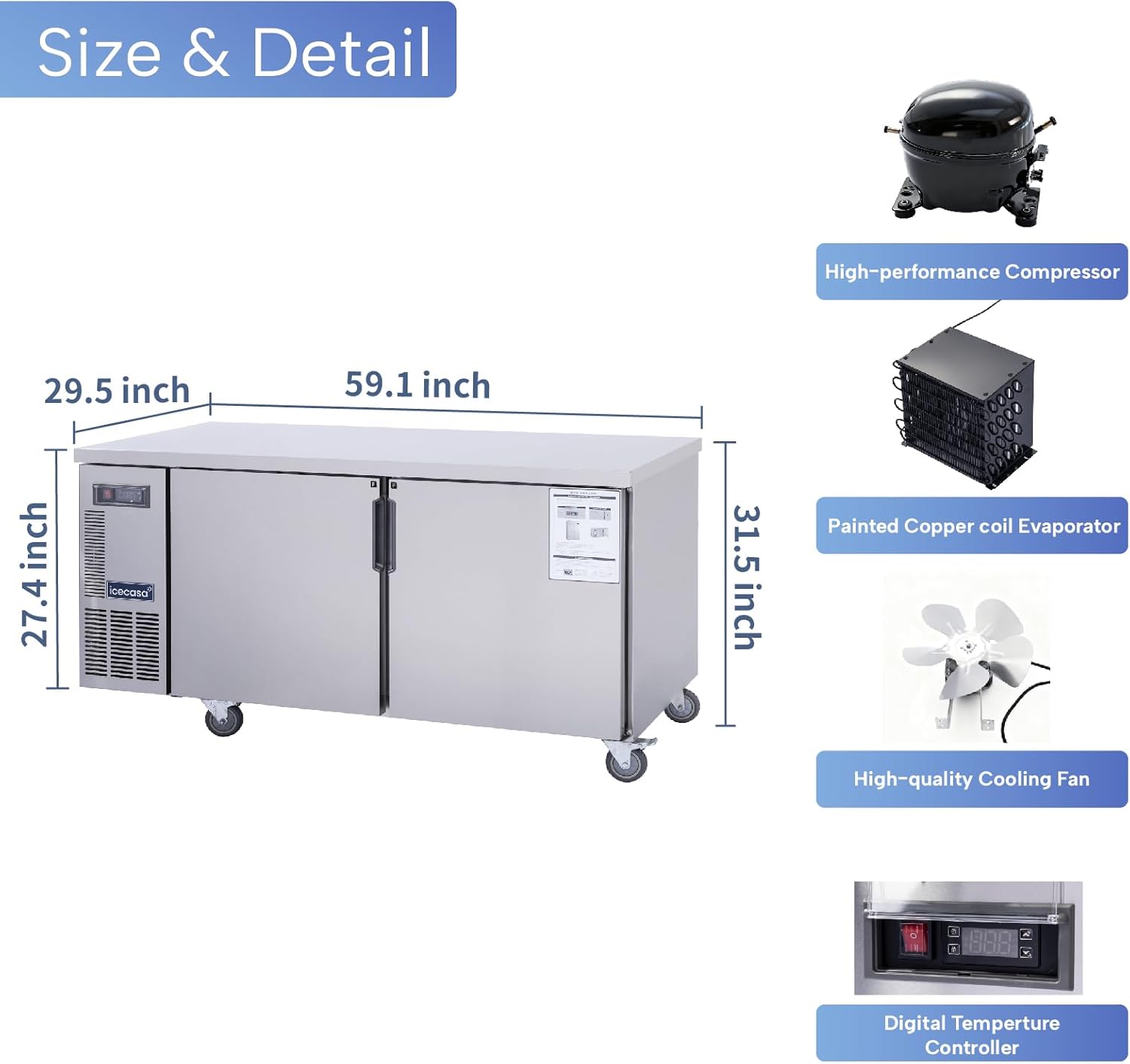 ICECASA Commercial 60" 2-Door Worktop Undercounter Freezer Stainless Steel 13 Cu.ft | ICE-150FT