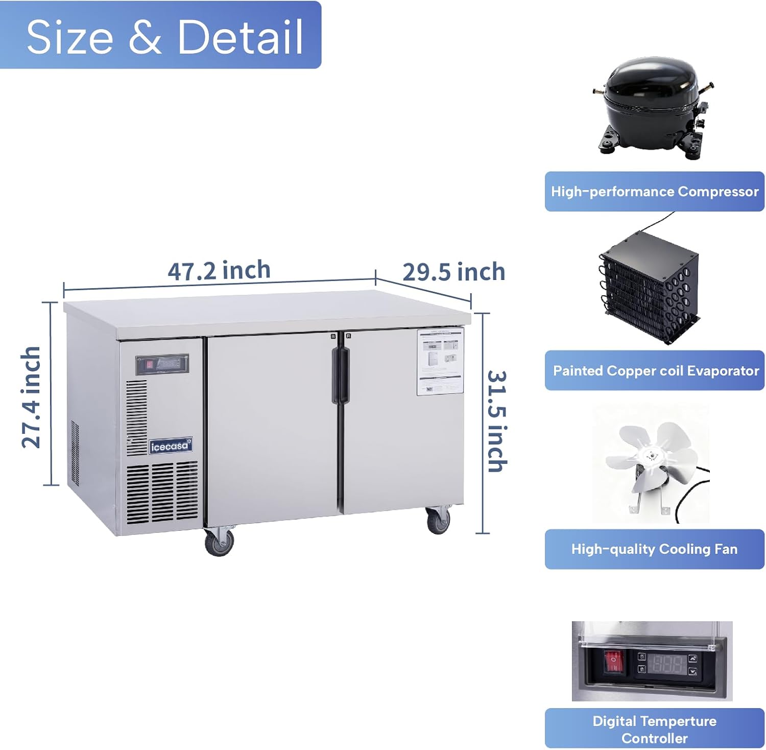 ICECASA Commercial 48" 2-Door Worktop Undercounter Refrigerator Stainless Steel 9.4 Cu.ft | ICE-120RT