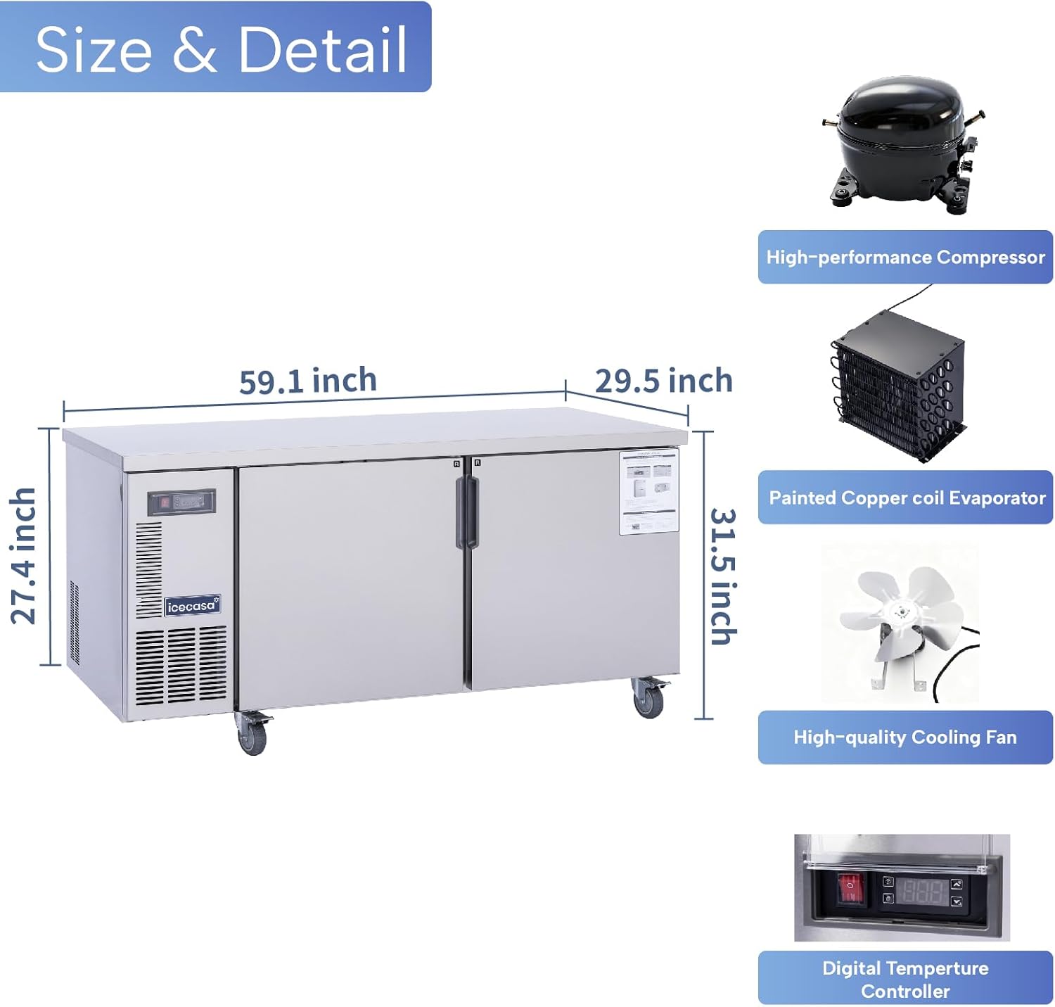 ICECASA Commercial 60" 2-Door Worktop Undercounter Refrigerator Stainless Steel 13 Cu.ft | ICE-150RT