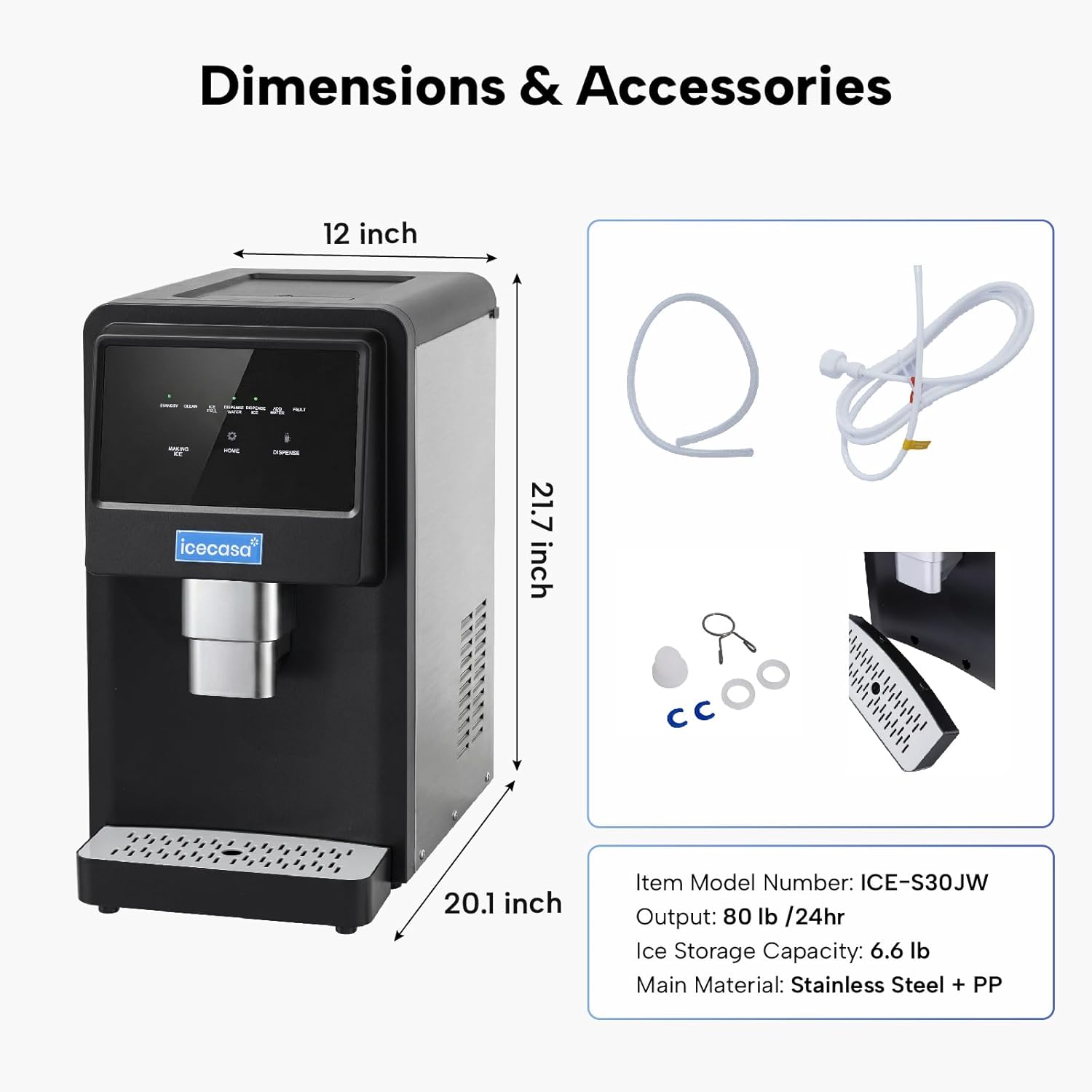 ICECASA Commercial 80 lbs/Day Nugget Ice Maker Countertop Soft Chewable Ice Water Dispenser Touch Screen | SKF-S30JW