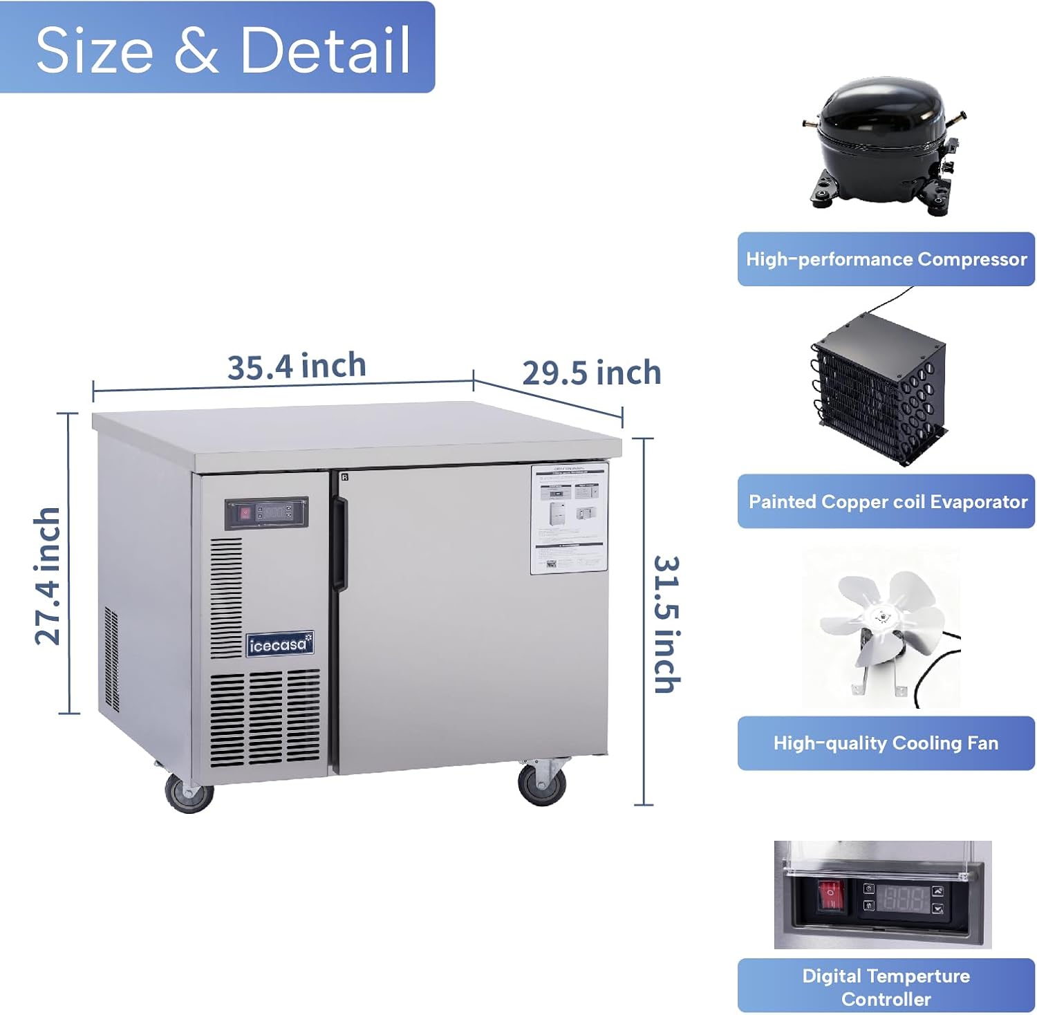 ICECASA Commercial 36" Single Door Worktop Undercounter Refrigerator Stainless Steel 6 Cu.ft | ICE-90RT