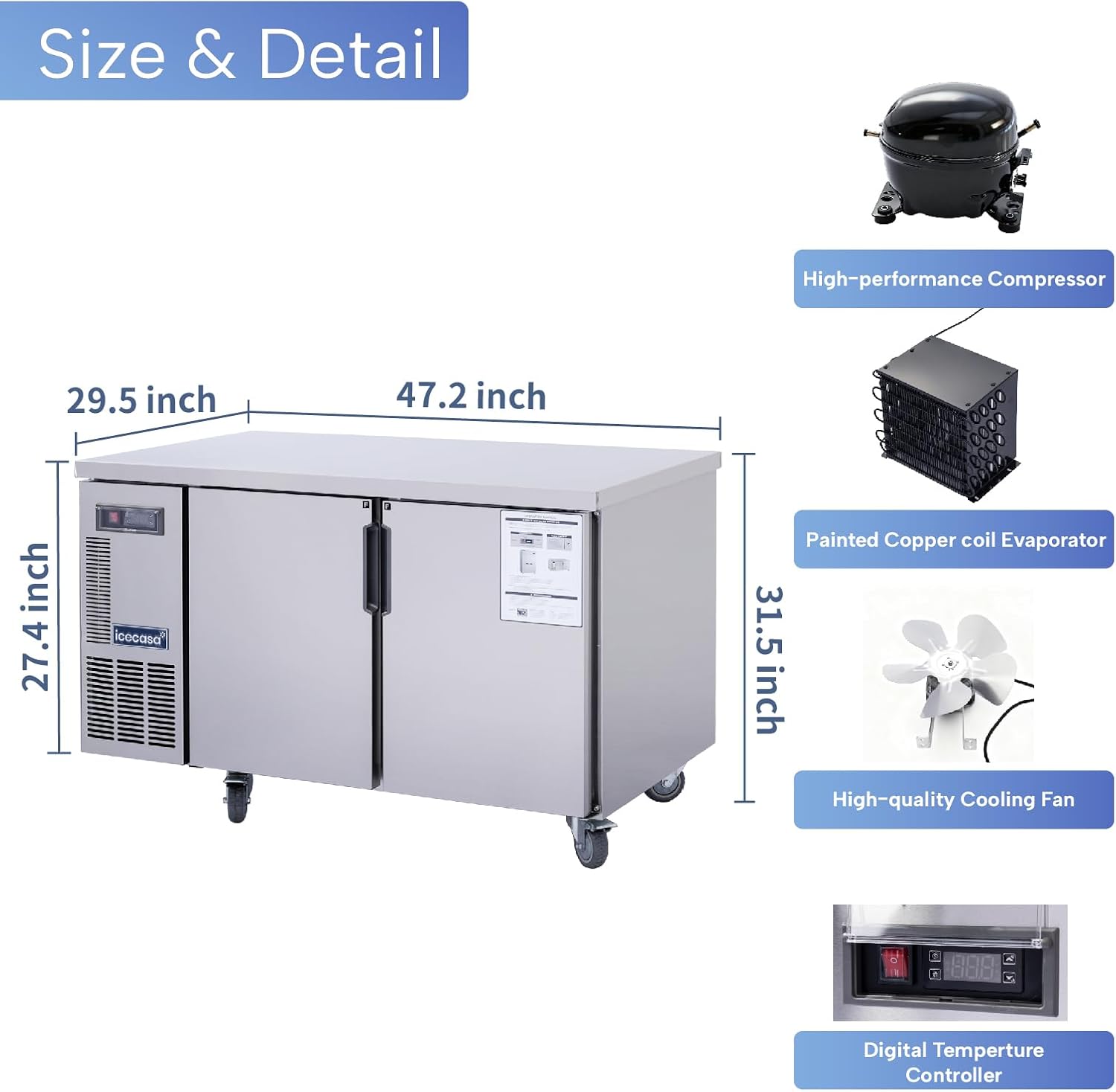 ICECASA Commercial 48" 2-Door Worktop Undercounter Freezer Stainless Steel 9.4 Cu.ft | ICE-120FT
