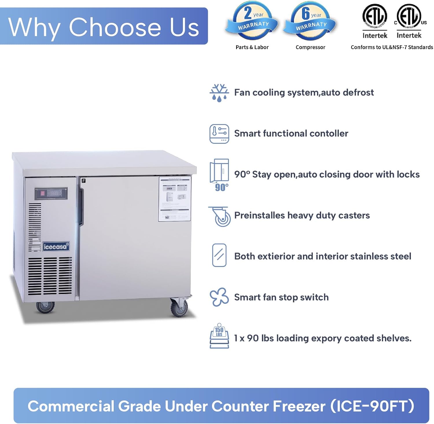 ICECASA Commercial 36" Single Door Worktop Undercounter Freezer Stainless Steel 6 Cu.ft | ICE-90FT