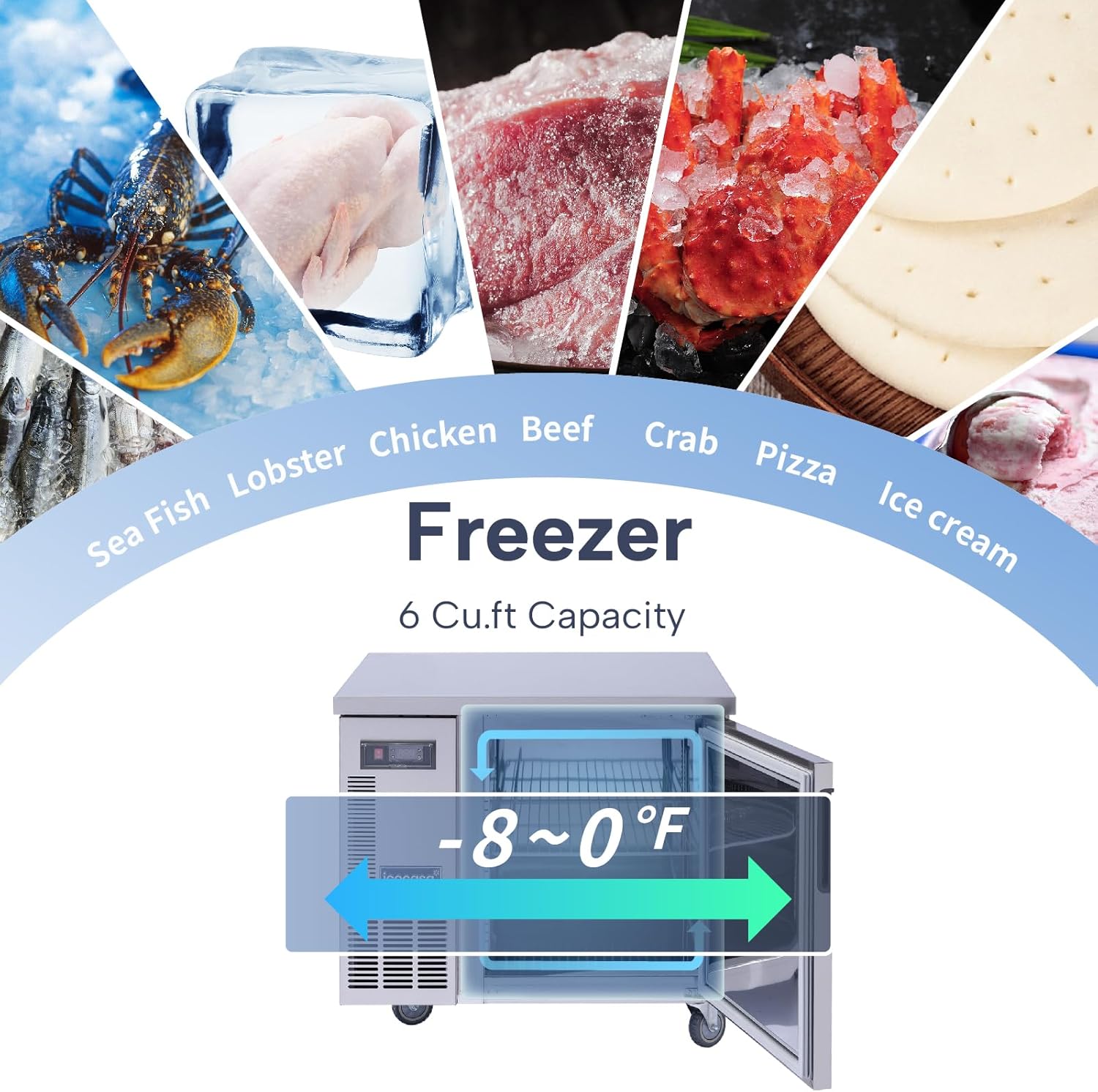 ICECASA Commercial 36" Single Door Worktop Undercounter Freezer Stainless Steel 6 Cu.ft | ICE-90FT