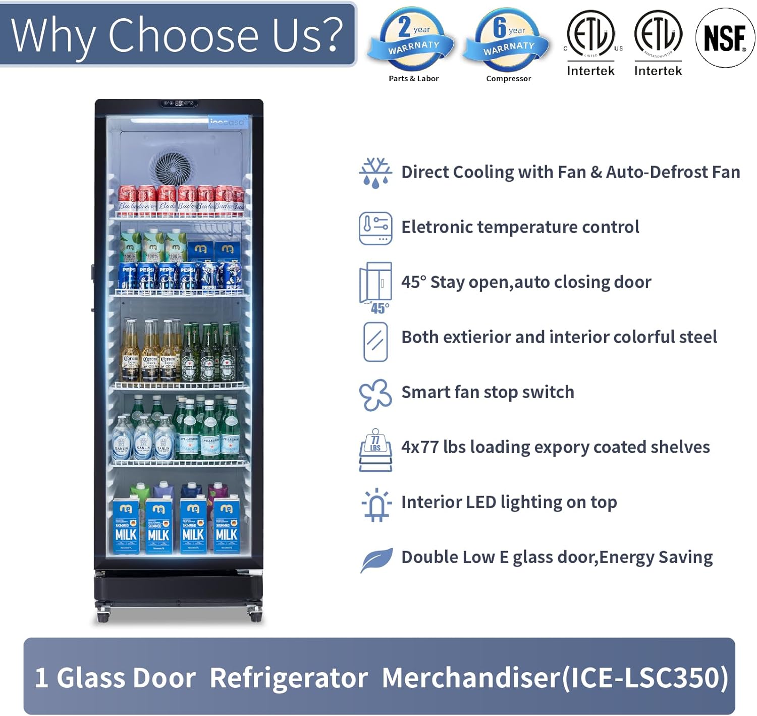 ICECASA Commercial 22.6" Single Glass Door Beverage Refrigerator Upright Display Cooler 12 Cu.ft | ICE-LSC350