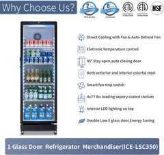 ICECASA Commercial 22.6" Single Glass Door Beverage Refrigerator Upright Display Cooler 12 Cu.ft | ICE-LSC350