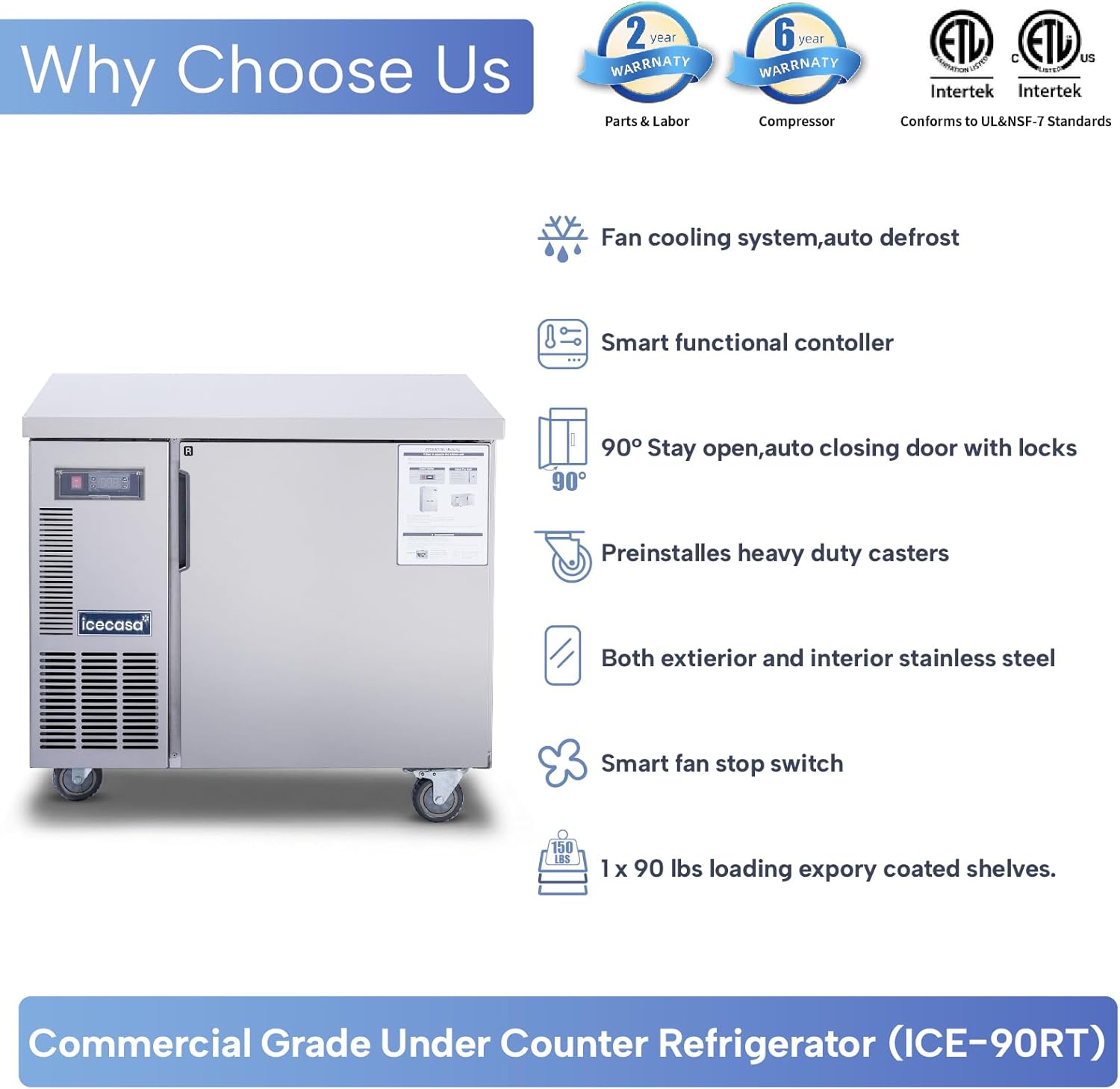 ICECASA Commercial 36" Single Door Worktop Undercounter Refrigerator Stainless Steel 6 Cu.ft | ICE-90RT