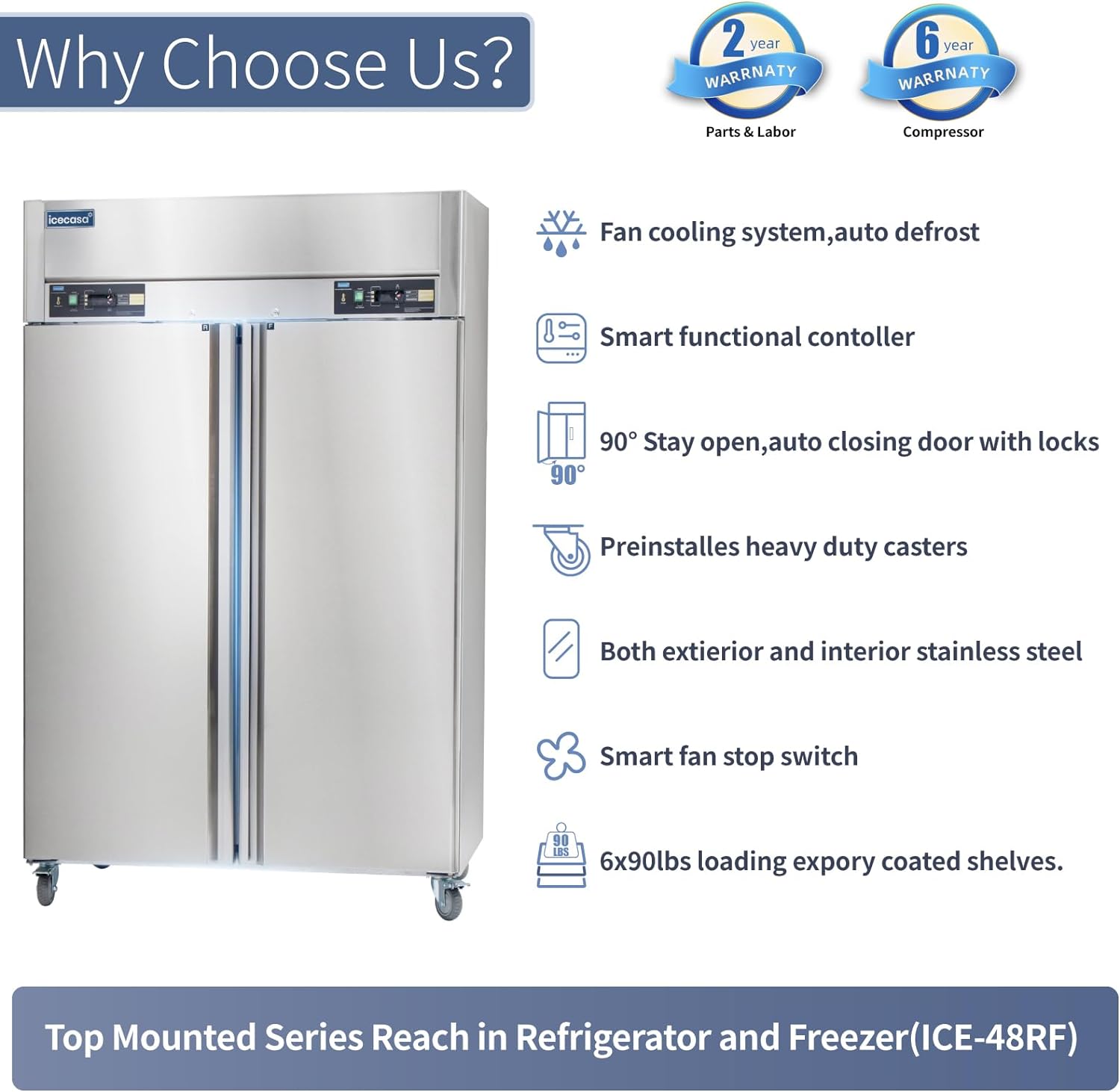 ICECASA 2 Door Commercial Refrigerator Freezer Combo, Restaurant 48 Inch Reach-In Commercial Upright Fridge and Freezer Combo