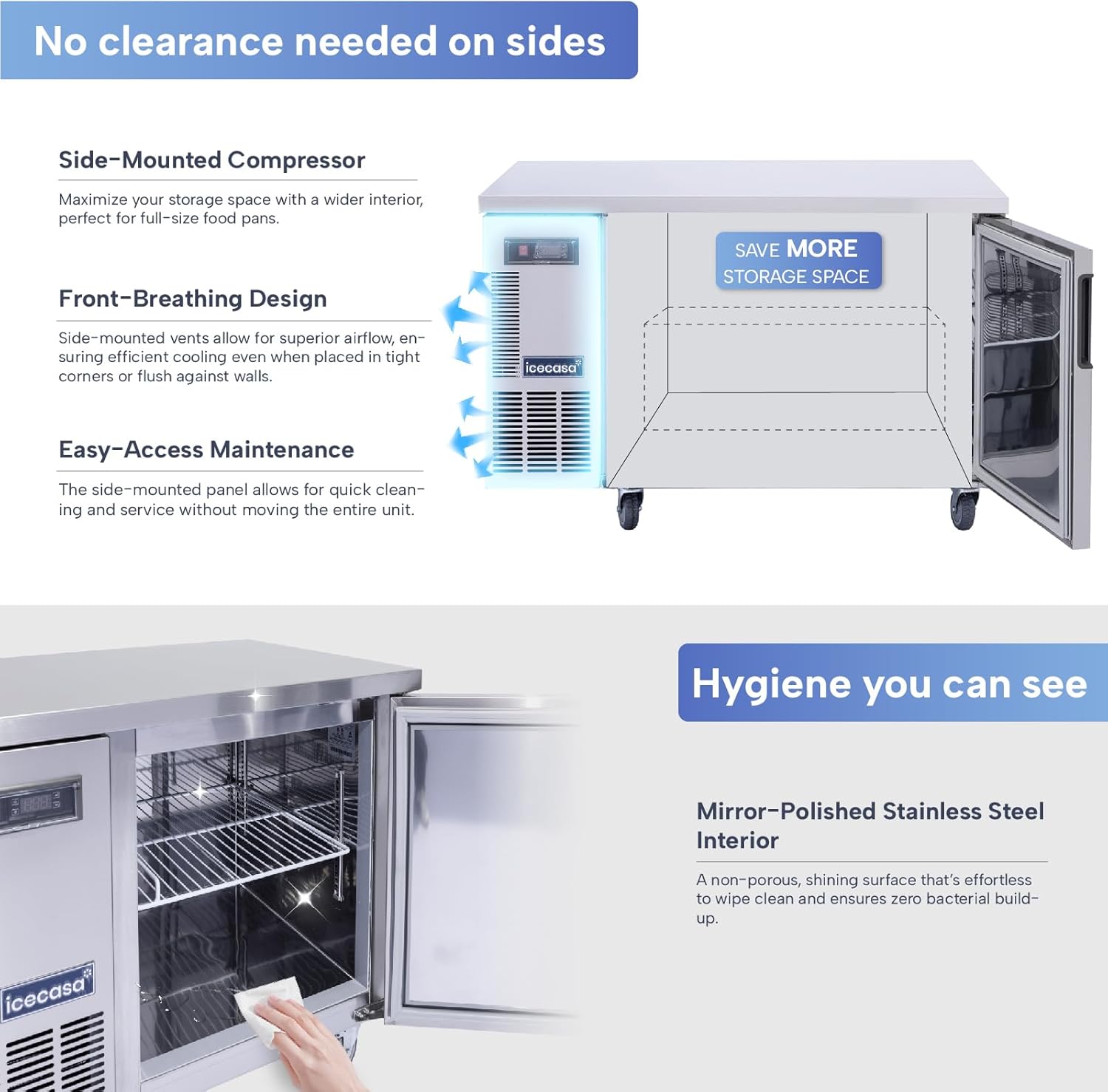 ICECASA Commercial 48" 2-Door Worktop Undercounter Freezer Stainless Steel 9.4 Cu.ft | ICE-120FT