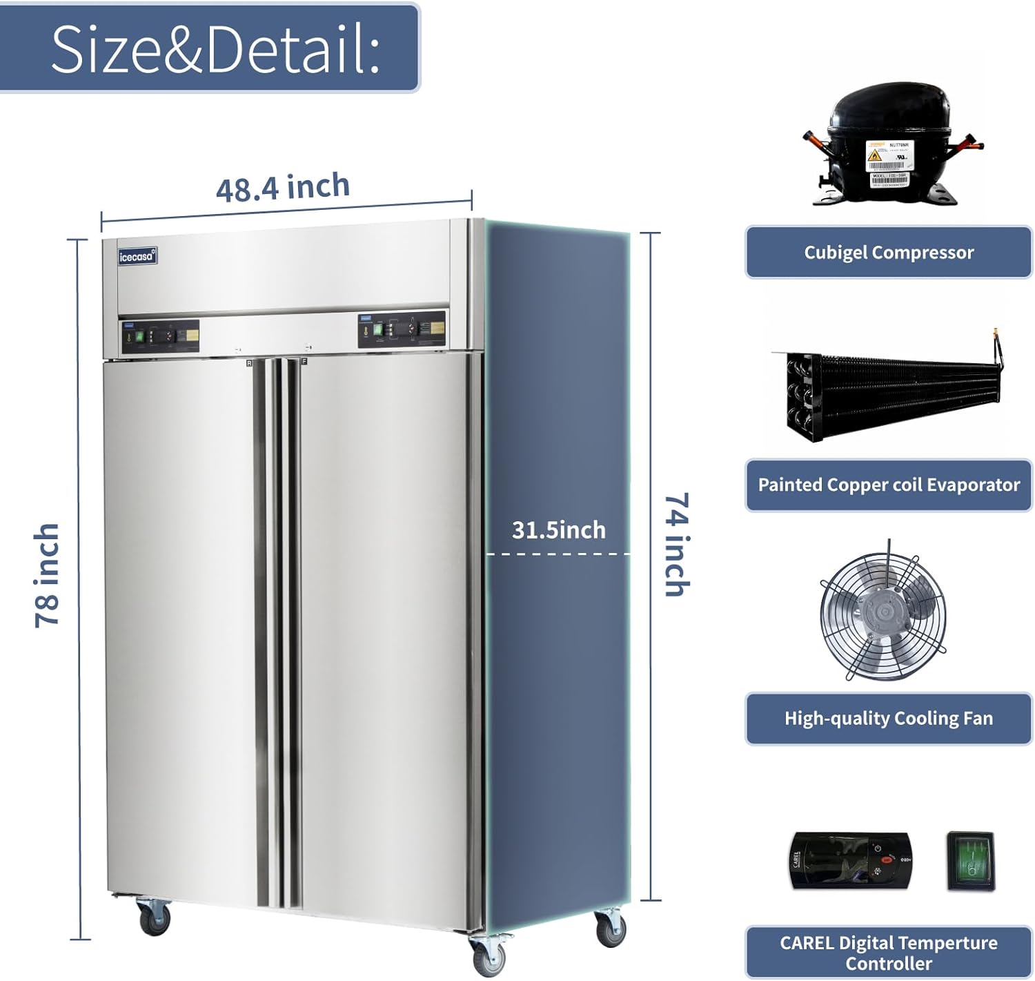 ICECASA 2 Door Commercial Refrigerator Freezer Combo, Restaurant 48 Inch Reach-In Commercial Upright Fridge and Freezer Combo