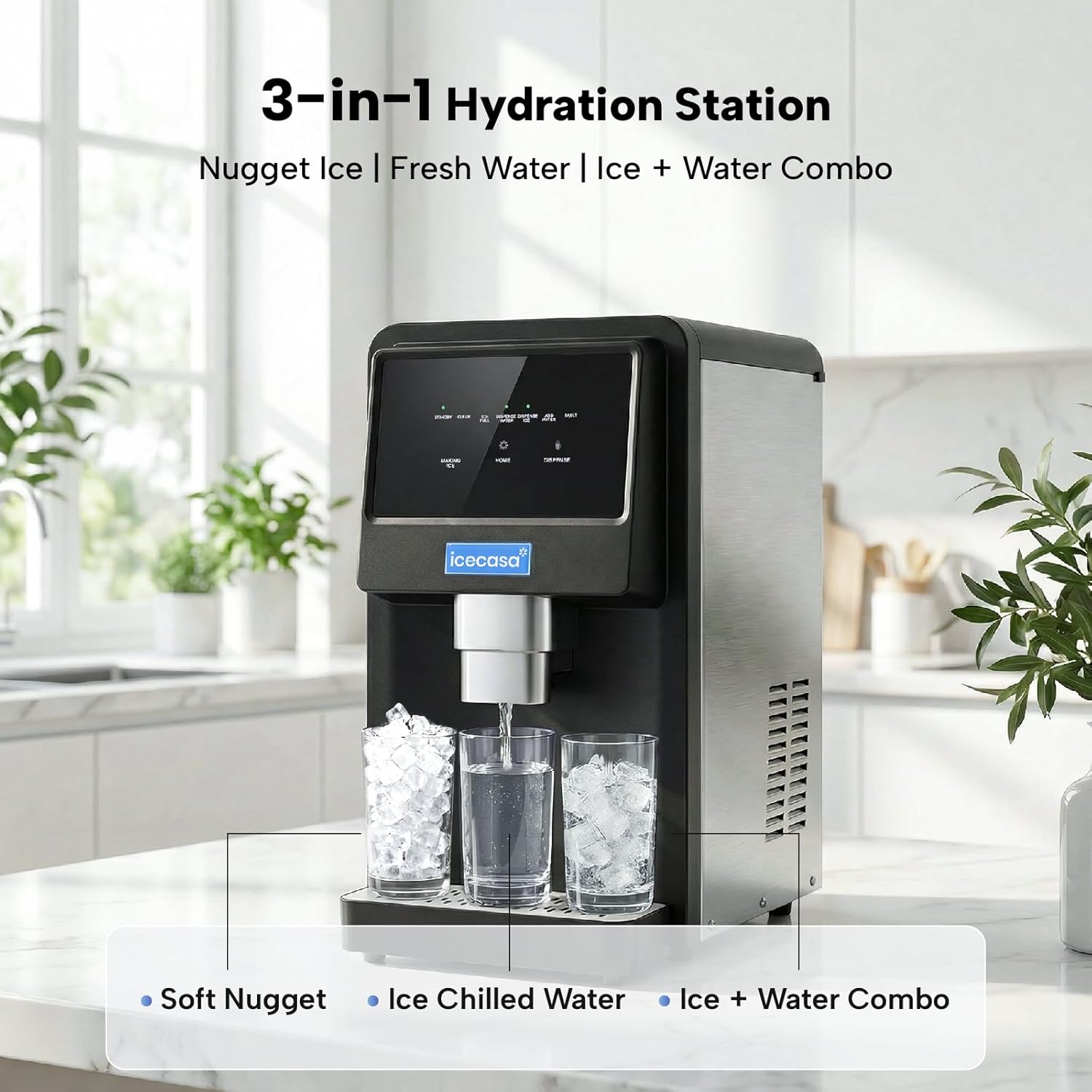 ICECASA Commercial 80 lbs/Day Nugget Ice Maker Countertop Soft Chewable Ice Water Dispenser Touch Screen | SKF-S30JW