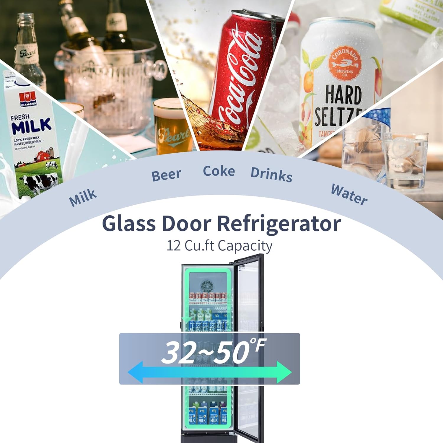 ICECASA Commercial 22.6" Single Glass Door Beverage Refrigerator Upright Display Cooler 12 Cu.ft | ICE-LSC350
