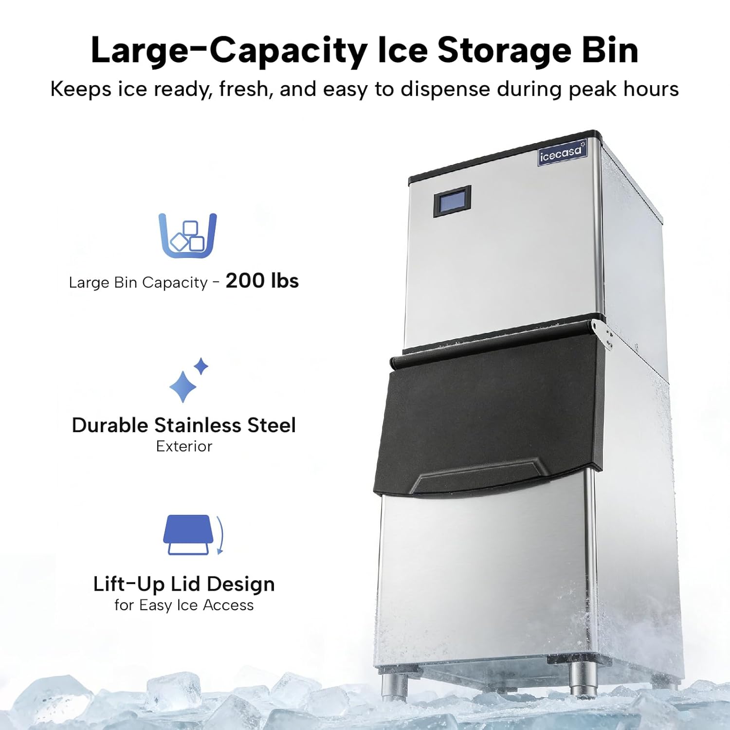 ICECASA Commercial 540 lbs/24H Modular Ice Maker Full Cube with 200 lbs Bin | Restaurant | ICE-M540F