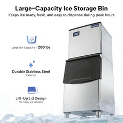 ICECASA Commercial 360 lbs/24H Ice Maker Full Cube Ice Machine 200 lbs Bin | Restaurant | ICE-M360F