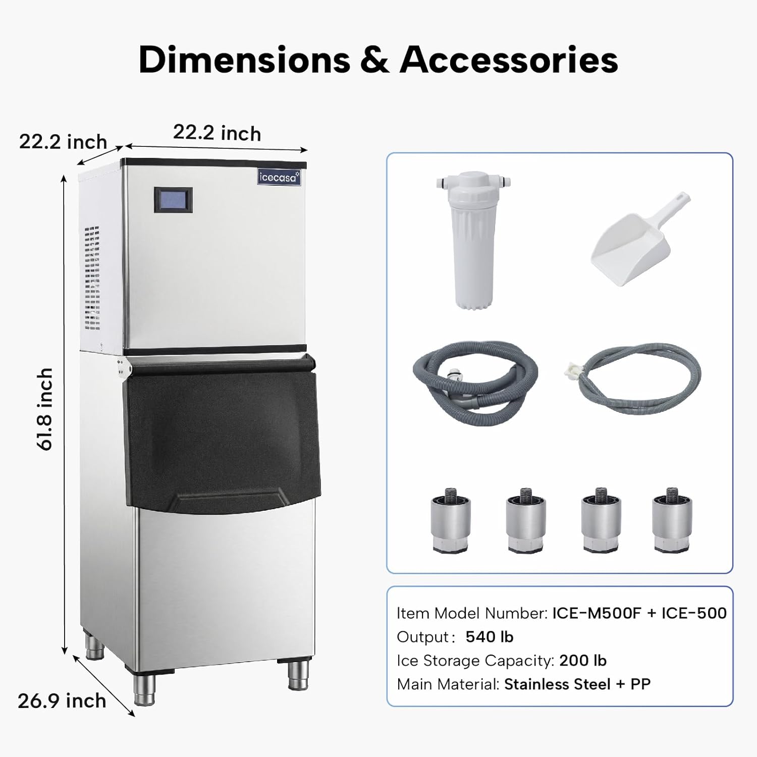 ICECASA Commercial 540 lbs/24H Modular Ice Maker Full Cube with 200 lbs Bin | Restaurant | ICE-M540F