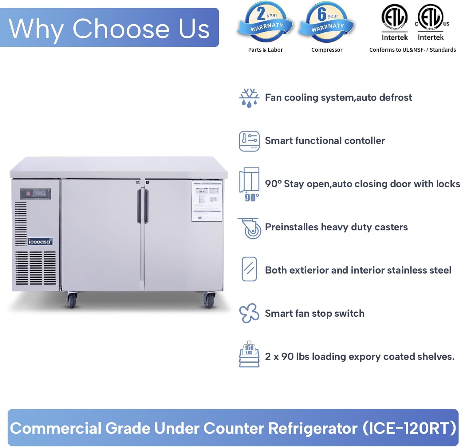 ICECASA Commercial 48" 2-Door Worktop Undercounter Refrigerator Stainless Steel 9.4 Cu.ft | ICE-120RT