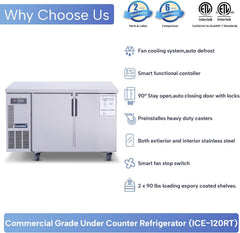 ICECASA Commercial 48" 2-Door Worktop Undercounter Refrigerator Stainless Steel 9.4 Cu.ft | ICE-120RT