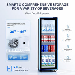 ICECASA Commercial 17" Single Glass Door Upright Beverage Refrigerator 7.8 Cu.Ft | ICE-240N