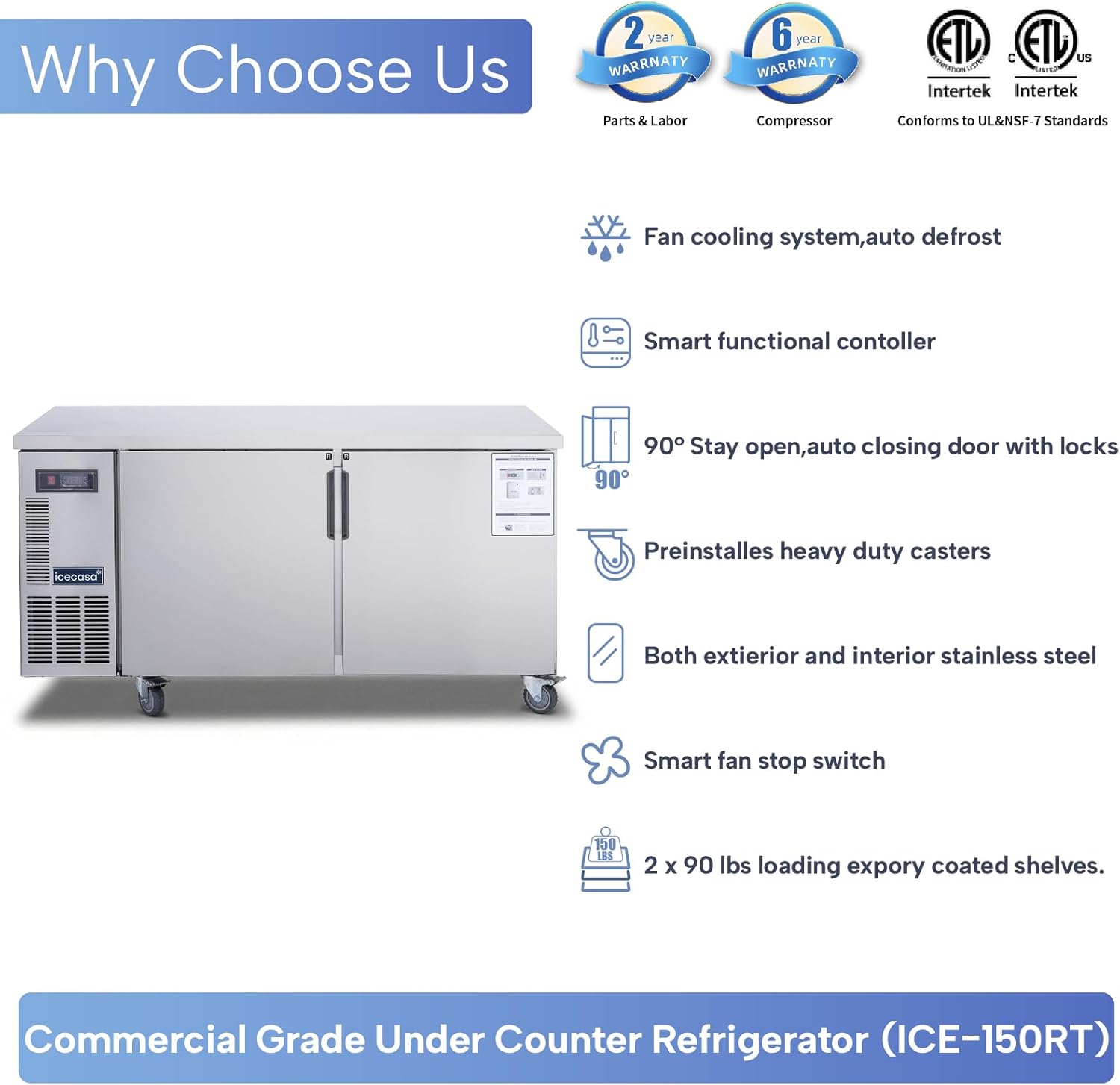 ICECASA Commercial 60" 2-Door Worktop Undercounter Refrigerator Stainless Steel 13 Cu.ft | ICE-150RT