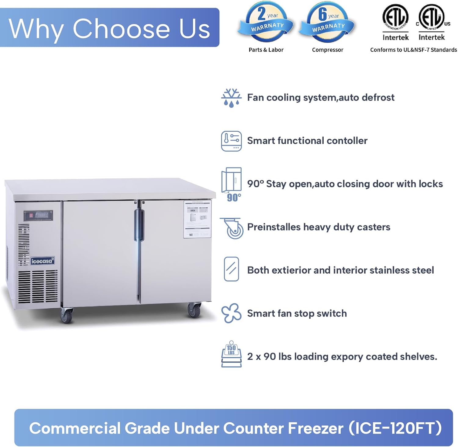 ICECASA Commercial 48" 2-Door Worktop Undercounter Freezer Stainless Steel 9.4 Cu.ft | ICE-120FT