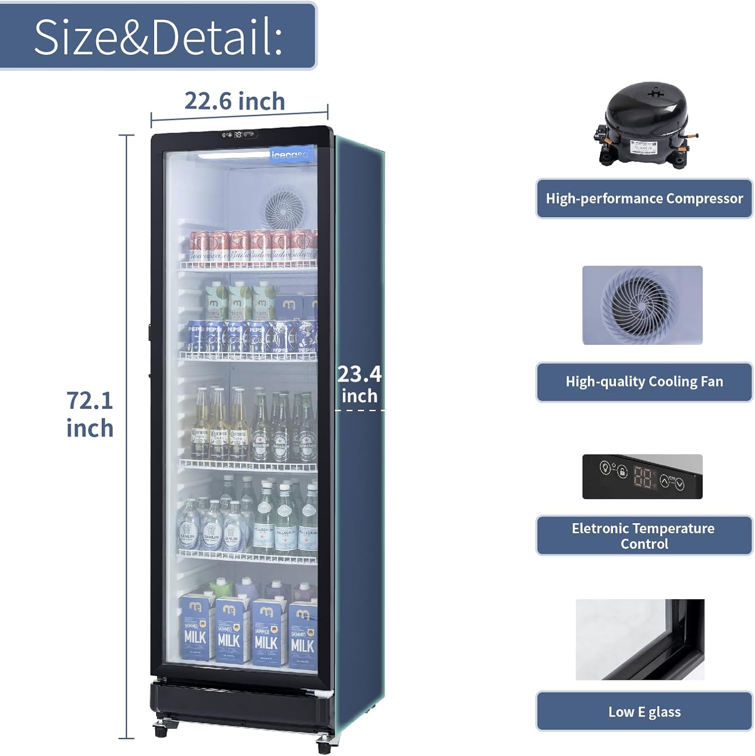 ICECASA Commercial 22.6" Single Glass Door Beverage Refrigerator Upright Display Cooler 12 Cu.ft | ICE-LSC350