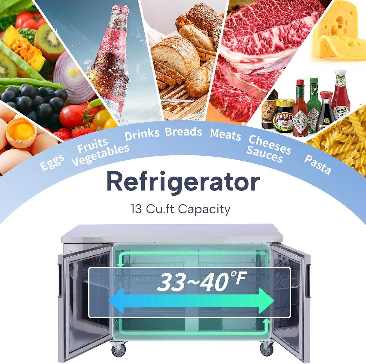 ICECASA Commercial 60" 2-Door Worktop Undercounter Refrigerator Stainless Steel 13 Cu.ft | ICE-150RT