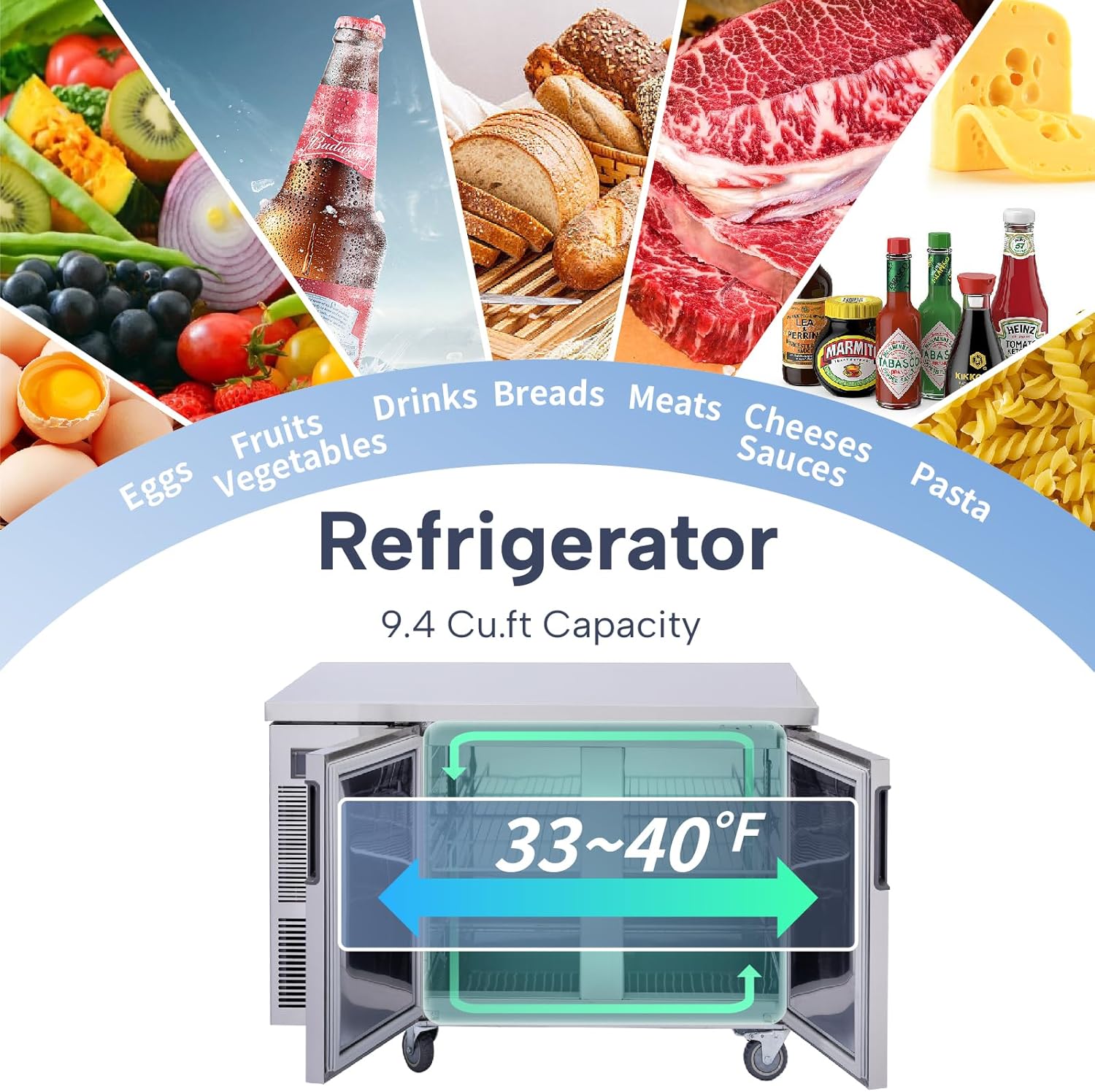 ICECASA Commercial 48" 2-Door Worktop Undercounter Refrigerator Stainless Steel 9.4 Cu.ft | ICE-120RT
