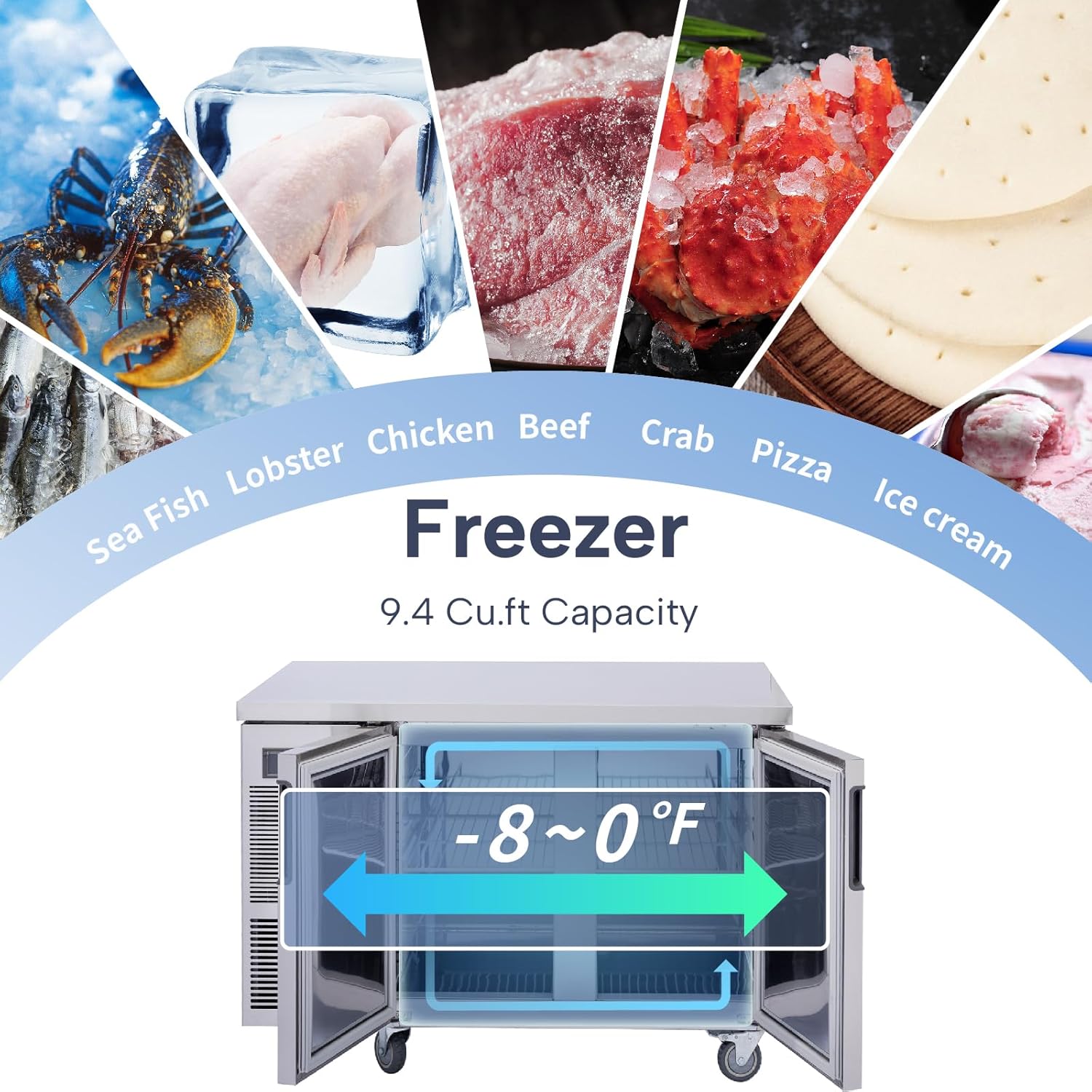 ICECASA Commercial 48" 2-Door Worktop Undercounter Freezer Stainless Steel 9.4 Cu.ft | ICE-120FT